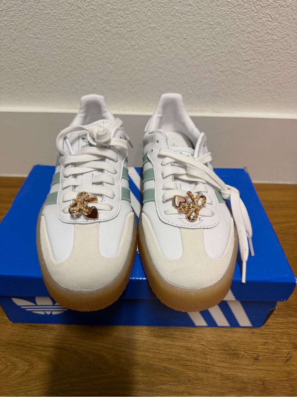 Adidas white and Green Samba-Style Lace-Up Sneakers with shoe charm